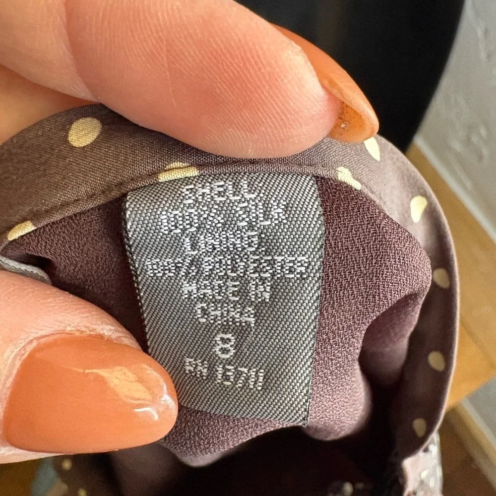 Kate Hill  Brown Polka Dot 100% Silk Skirt Straight Ruffle Bottom Sz 8 preloved - Picture 7 of 8